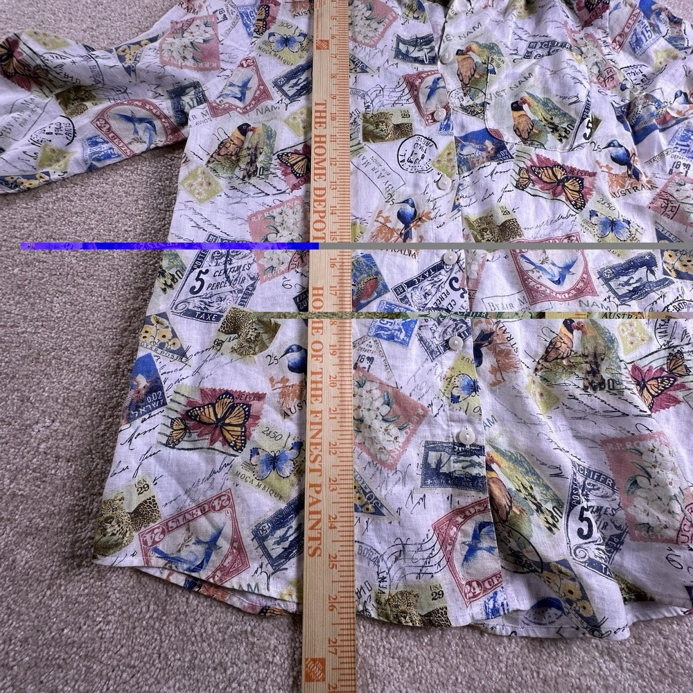 Chico's Linen Tunic Blouse Travel Stamp Pattern 100% Linen Button Size 0 - Picture 7 of 7